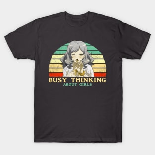 Busy Thinking About Girls - Funny Lesbian Anime - Retro Sunset T-Shirt